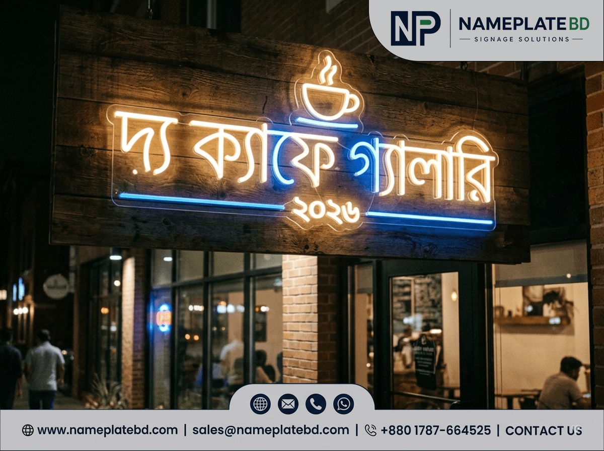 Custom LED neon name plate design for cafes, restaurants and business branding in Bangladesh