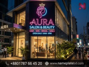 Aura Beauty & Salon Neon Signage Manufactured by Name Plate Bangladesh