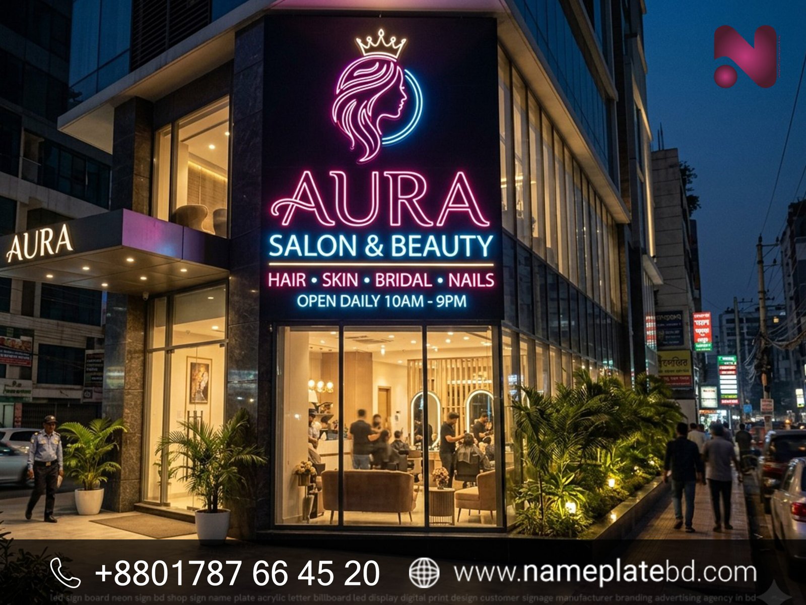 Aura Beauty & Salon Neon Signage Manufactured by Name Plate Bangladesh